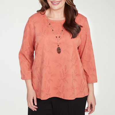 Alfred Dunner Plus Natural Instinct Womens 3/4 Sleeve Embroidered Button-Down Shirt