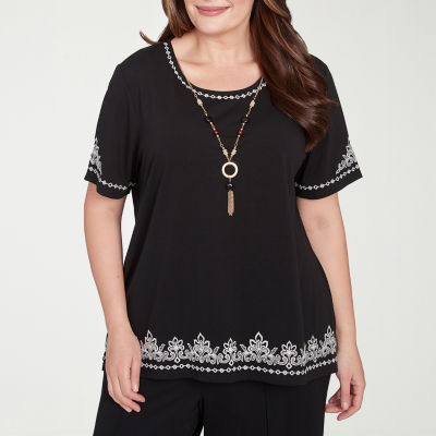 Alfred Dunner Natural Instinct Womens Plus Crew Neck Short Sleeve Stretch Fabric T-Shirt