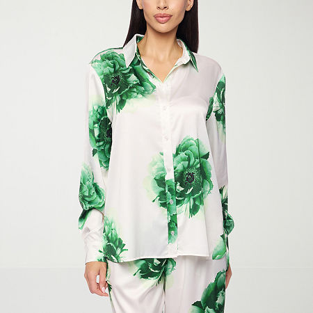 Premier Amour Floral Womens Long Sleeve Satin Blouse