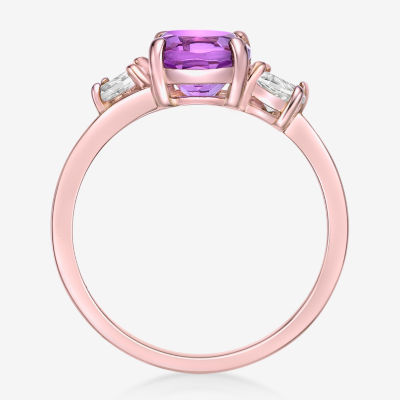 Womens Genuine Purple Amethyst 18K Rose Gold Over Silver Oval 3-Stone Cocktail Ring