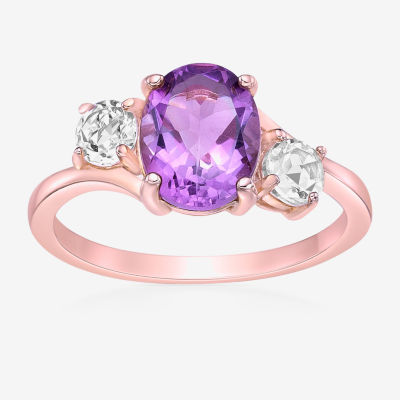 Womens Genuine Purple Amethyst 18K Rose Gold Over Silver Oval 3-Stone Cocktail Ring