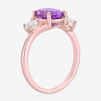 Womens Genuine Purple Amethyst 18K Rose Gold Over Silver Oval 3-Stone Cocktail Ring