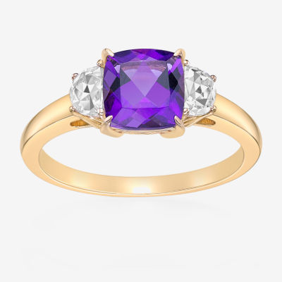 Womens Genuine Purple Amethyst 18K Gold Over Silver Cushion 3-Stone Cocktail Ring