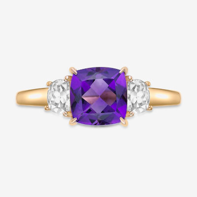 Womens Genuine Purple Amethyst 18K Gold Over Silver Cushion 3-Stone Cocktail Ring