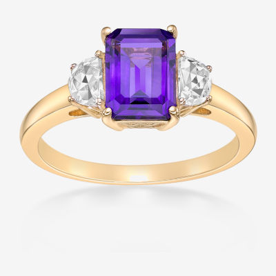 Womens Genuine Purple Amethyst 18K Gold Over Silver 3-Stone Cocktail Ring