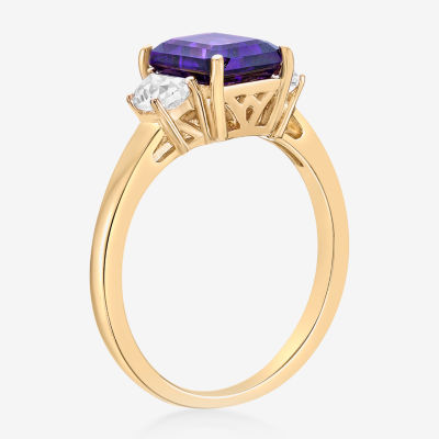 Womens Genuine Purple Amethyst 18K Gold Over Silver 3-Stone Cocktail Ring