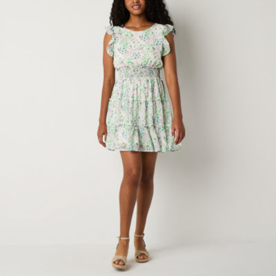 Emerald Sundae Womens Juniors Short Sleeve Floral Fit + Flare Dress