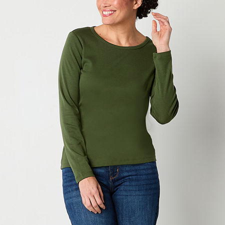 St. John's Bay Womens Crew Neck Long Sleeve T-Shirt, Petite X-small, Green