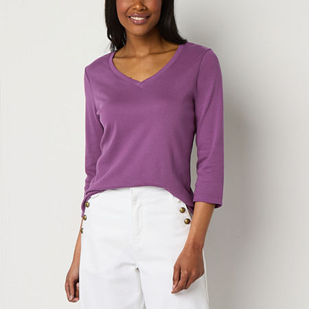 St. John's Bay Womens V Neck 3/4 Sleeve T-Shirt, Petite Medium, Purple