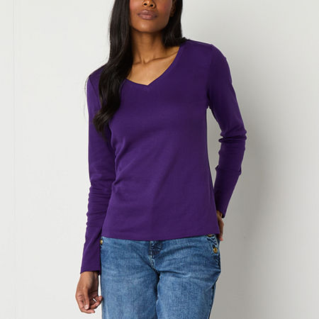 St. John's Bay Womens V Neck Long Sleeve T-Shirt, X-large, Purple