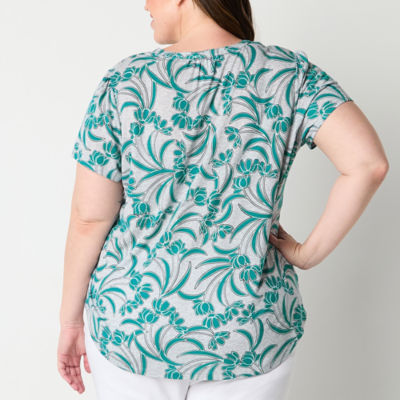 Liz Claiborne Womens Plus Split Crew Neck Short Sleeve Blouse