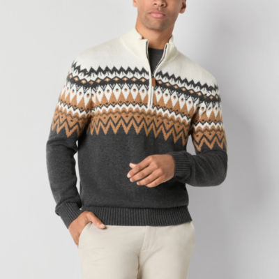 St. John's Bay Fairisle Quarter Zip Mens Mock Neck Long Sleeve Pullover Sweater