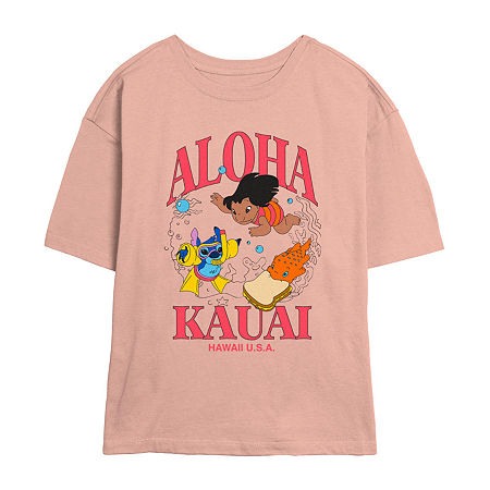 Juniors Disney Aloha Kauai Tee Womens Crew Neck Short Sleeve Lilo & Stitch Graphic T-Shirt, Small, Orange