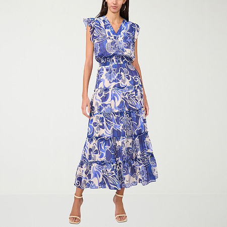 MSK Womens Short Sleeve Floral Maxi Dress, Medium, Blue