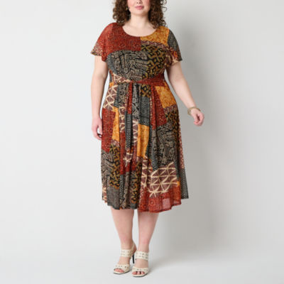 Robbie Bee Womens Short Sleeve Patchwork Midi Fit + Flare Dress Plus