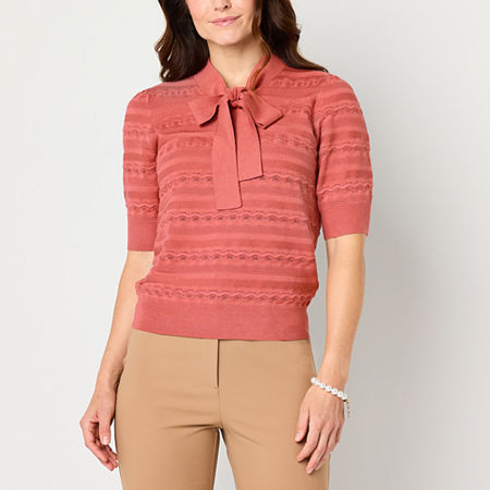 Liz Claiborne Womens Split Tie Neck Short Sleeve Pullover Sweater, Medium, Pink