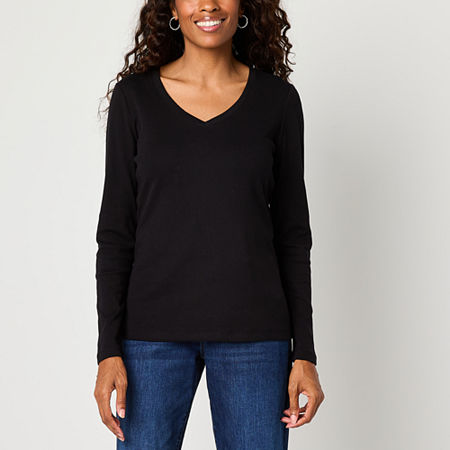 St. John's Bay Womens V Neck Long Sleeve T-Shirt, Petite Large, Black