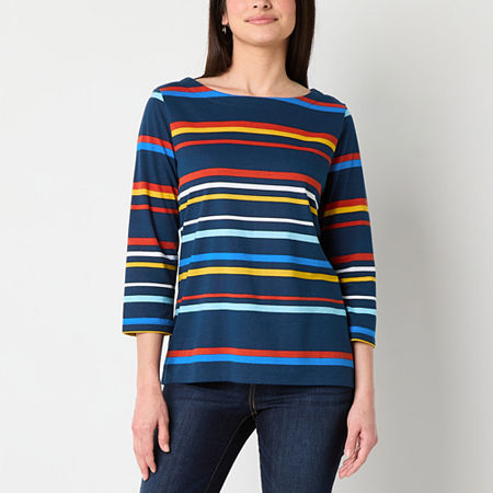St. John's Bay Womens Boat Neck 3/4 Sleeve T-Shirt, Petite Medium, Blue