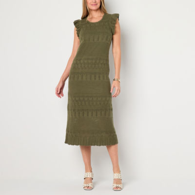 Liz Claiborne Womens Short Sleeve Midi Sweater Dress, Color: Olive