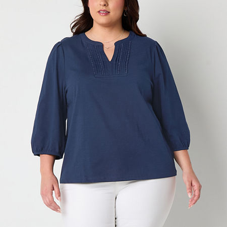 St. John's Bay Womens Split Crew Neck 3/4 Sleeve Plus Blouse, 2x, Blue