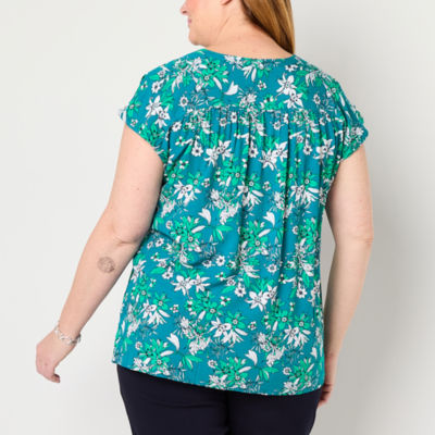 Liz Claiborne Plus Womens Split Crew Neck Short Sleeve Tunic Top