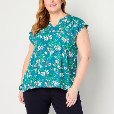 Liz Claiborne Plus Womens Split Crew Neck Short Sleeve Tunic Top