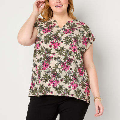 Liz Claiborne Plus Womens Split Crew Neck Short Sleeve Tunic Top