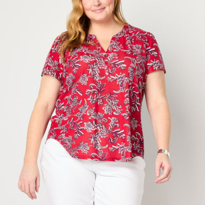 Liz Claiborne Womens Split Crew Neck Short Sleeve Plus Blouse
