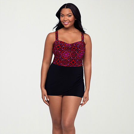 Trimshaper Womens Diamond Swim Dress, 12, Red