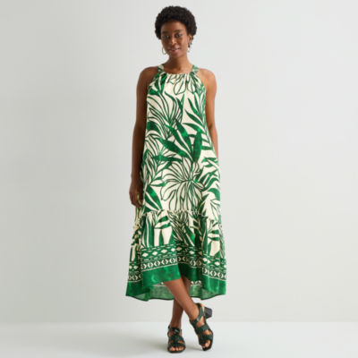 Sandra Darren Womens Midi Round Neck Sleeveless Leaf Shift Dress