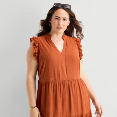 52seven Womens Plus Midi V Neck Sleeveless Shift Dress, Color
