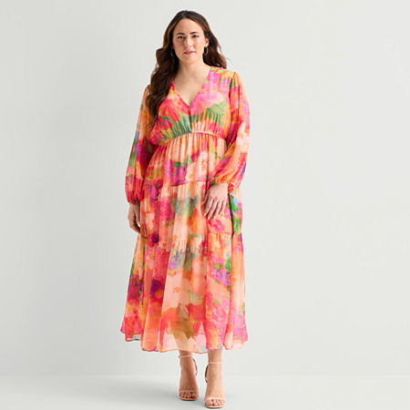 Robbie Bee Womens Plus V Neck Long Sleeve Balloon Maxi Dress