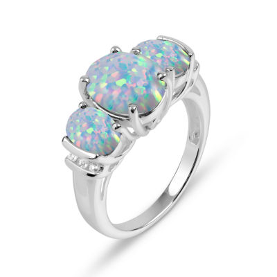 Lab Created Opal & White Topaz Sterling Silver 3 Stone Ring