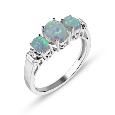 Lab-Created Opal & White Sapphire Sterling Silver 3 Stone Ring