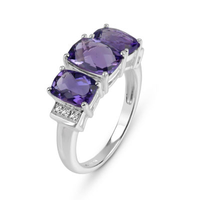 Genuine Amethyst and Diamond Accent Sterling Silver 3 Stone Ring