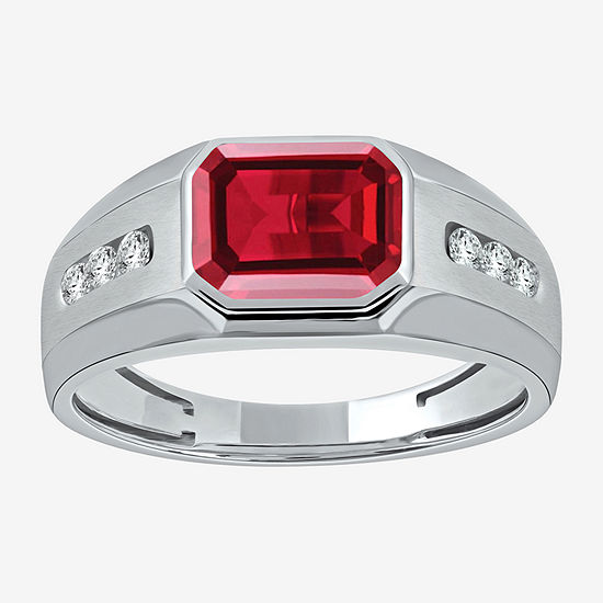 Mens Lead Glass-Filled Red Ruby Sterling Silver Fashion Ring