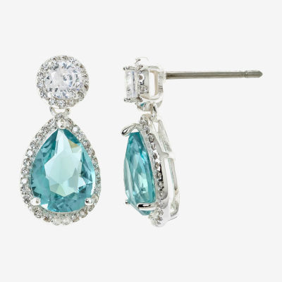 Sparkle Allure Halo Womens Blue Cubic Zirconia Pure Silver Over Brass Pear Drop Earrings