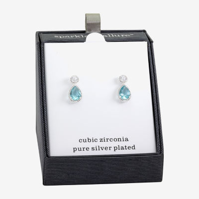 Sparkle Allure Halo Cubic Zirconia Pure Silver Over Brass Pear Drop Earrings