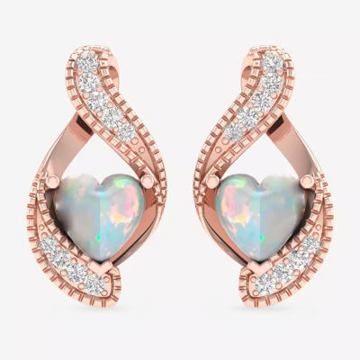 Diamond Accent Genuine Opal 10K Rose Gold 14.5mm Heart Stud Earrings