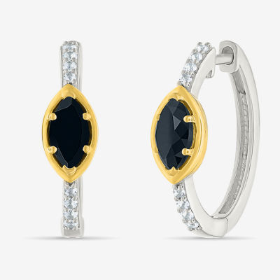 Genuine Black Onyx 10K Gold Sterling Silver 20.5mm Marquise Hoop Earrings