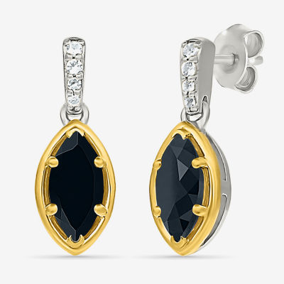 Genuine Black Onyx 10K Gold Sterling Silver Marquise Drop Earrings