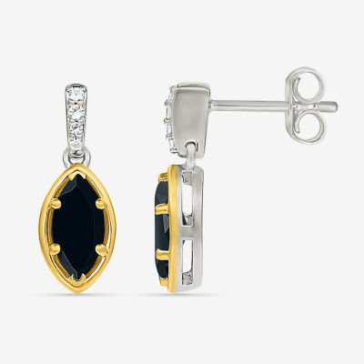 Genuine Black Onyx 10K Gold Sterling Silver Marquise Drop Earrings