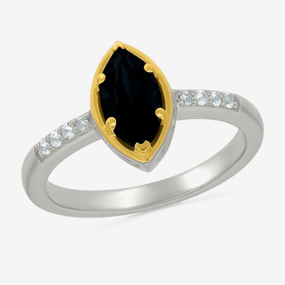 Womens Genuine Black Onyx 10K Gold Sterling Silver Marquise Side Stone Cocktail Ring