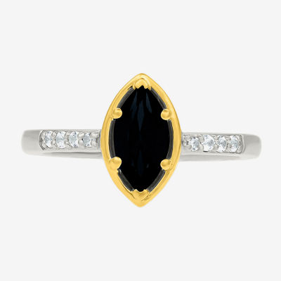 Womens Genuine Black Onyx 10K Gold Sterling Silver Marquise Side Stone Cocktail Ring