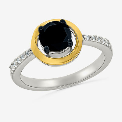 Womens Genuine Black Onyx 10K Gold Sterling Silver Round Side Stone Cocktail Ring