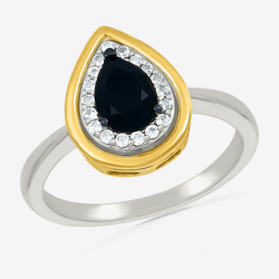 Womens Genuine Black Onyx 10K Gold Sterling Silver Pear Halo Cocktail Ring