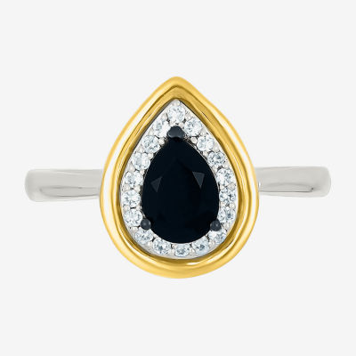 Womens Genuine Black Onyx 10K Gold Sterling Silver Pear Halo Cocktail Ring