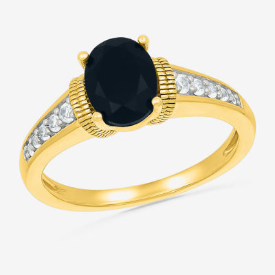 Womens Genuine Black Onyx 10K Gold Sterling Silver Oval Side Stone Cocktail Ring