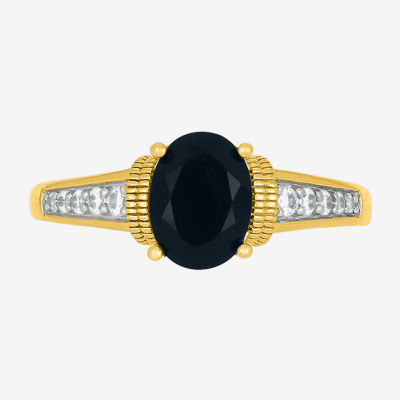 Womens Genuine Black Onyx 10K Gold Sterling Silver Oval Side Stone Cocktail Ring