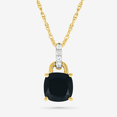 Womens Genuine Black Onyx 10K Gold Sterling Silver Cushion Pendant Necklace